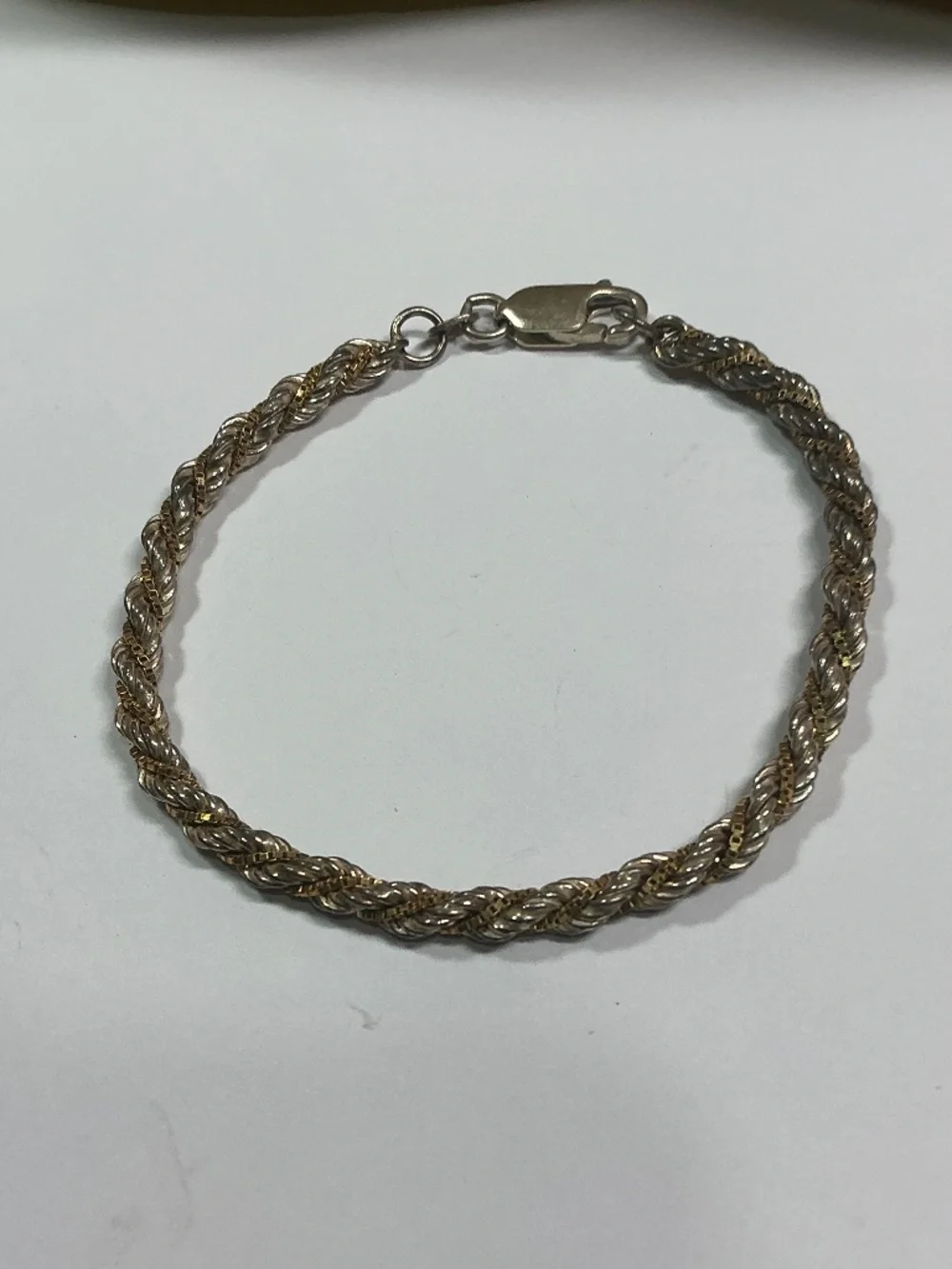 Sterling Silver Rope Style Bracelet, Silver & Gold Color. 7.25 inches long